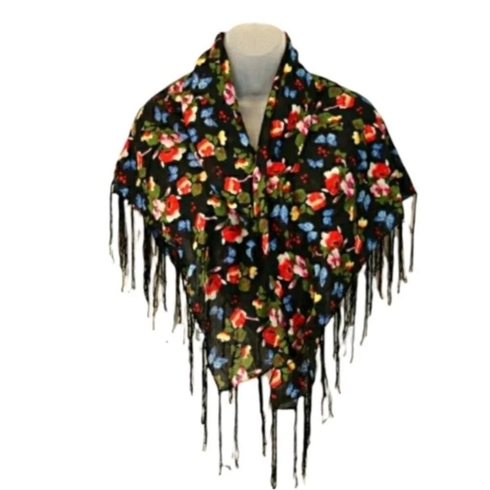 Black Floral Butterfly Fringe Scarf Large Wrap Scarf